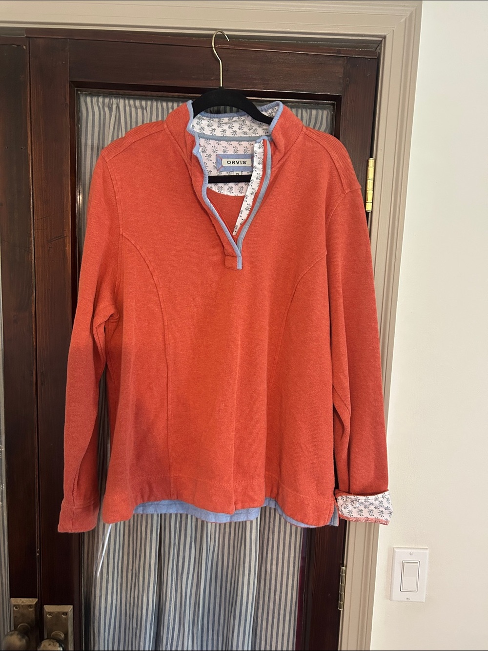 Orvis Coral Half-Zip Pullover with Light Blue Trim